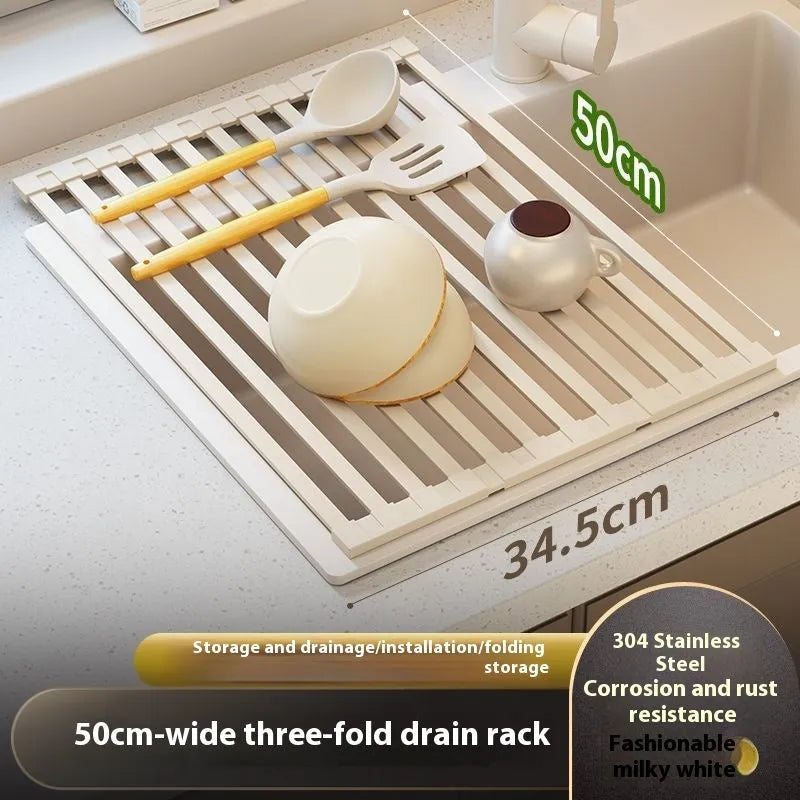 Foldable milky white stainless steel kitchen draining rack showing tri-fold design