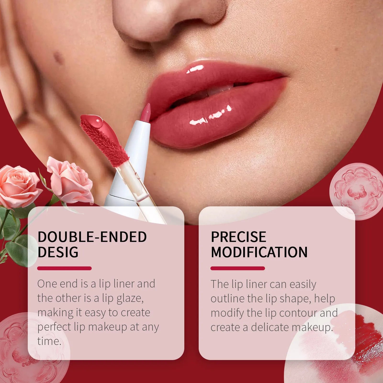 Double-ended lip liner and lip lacquer pen in three colour shades.