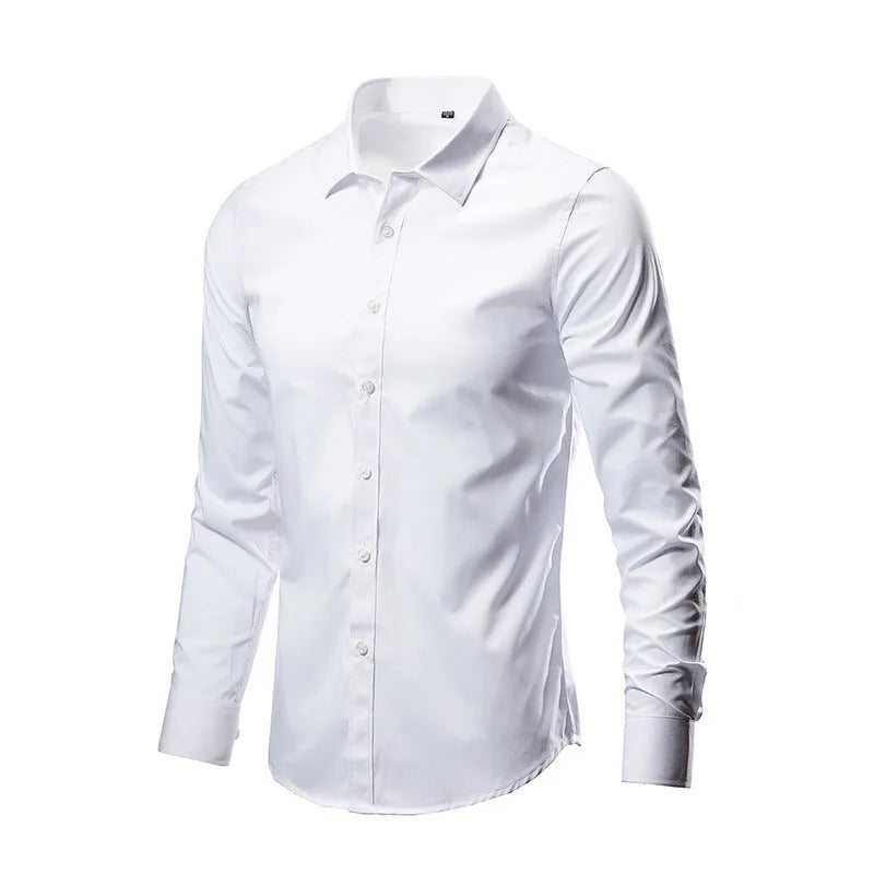 Men's slim fit long-sleeve linen shirt on a hanger, available in multiple colours and sizes up to 5XL.