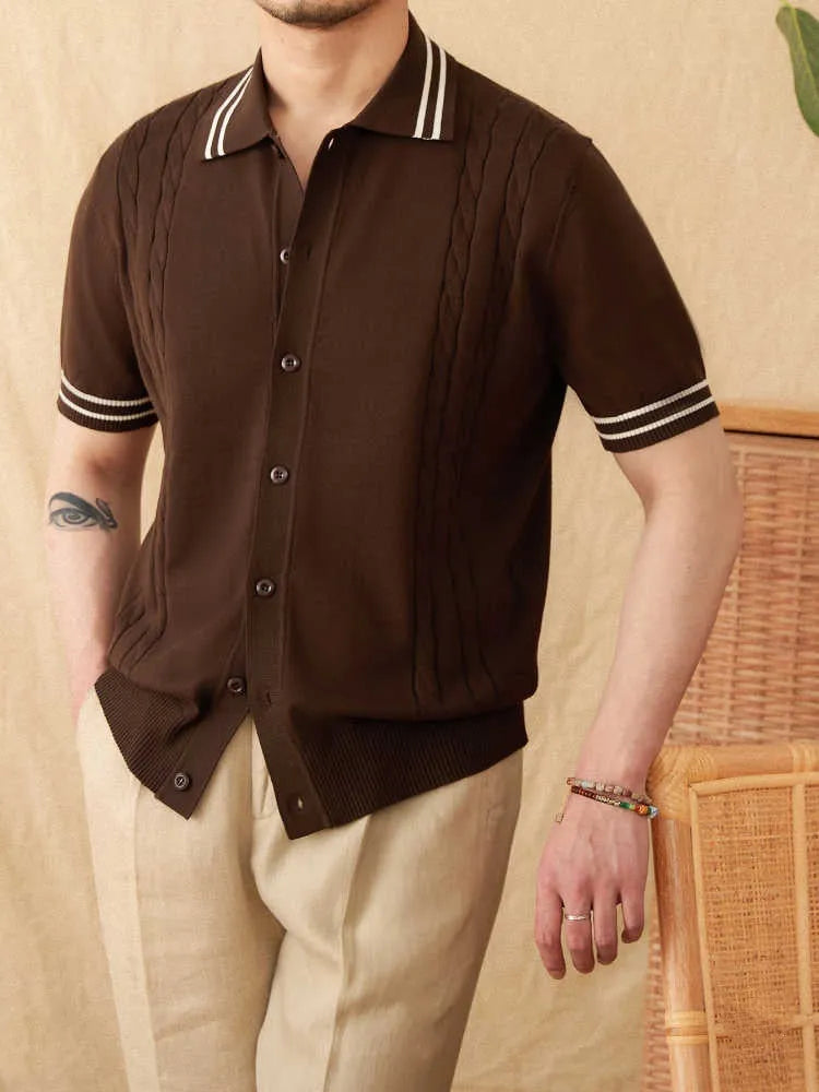 Short sleeve lapel collar polo shirt in a cotton blend fabric shown in apricot colour.