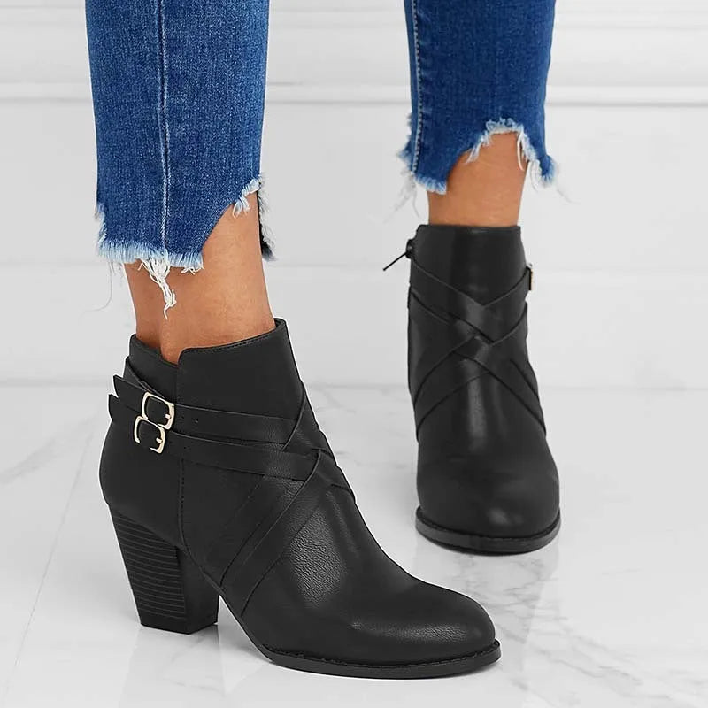 Gray plus size short boots with a 7cm stout heel, side zipper, and rubber sole.