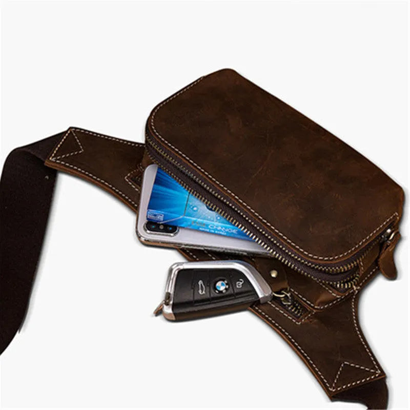 Brown top-layer cowhide leather men's sports waist bag with a pull closure.