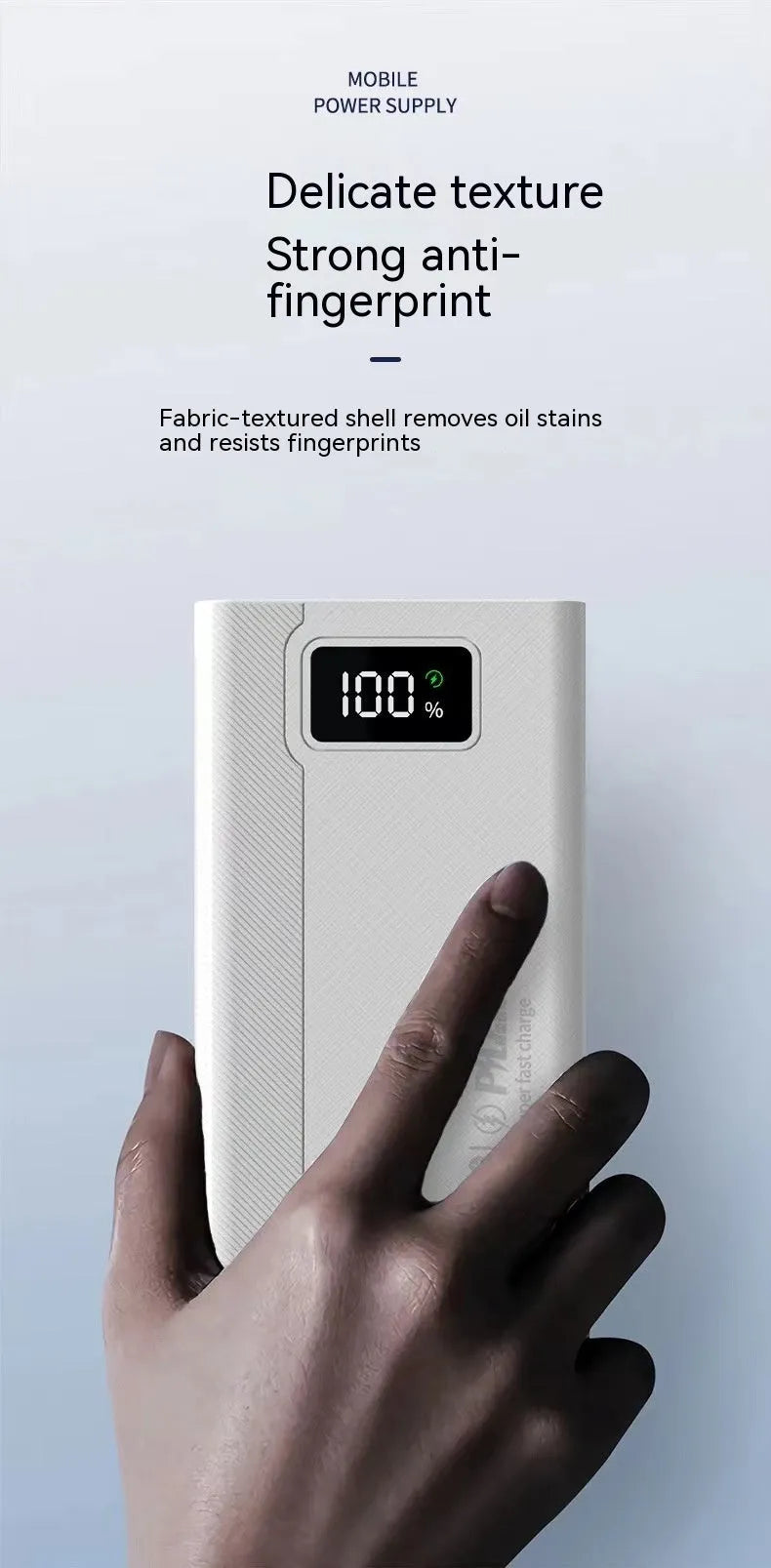 Large black and white plastic power bank showing front view with capacity options from 20000mAh to 50000mAh.