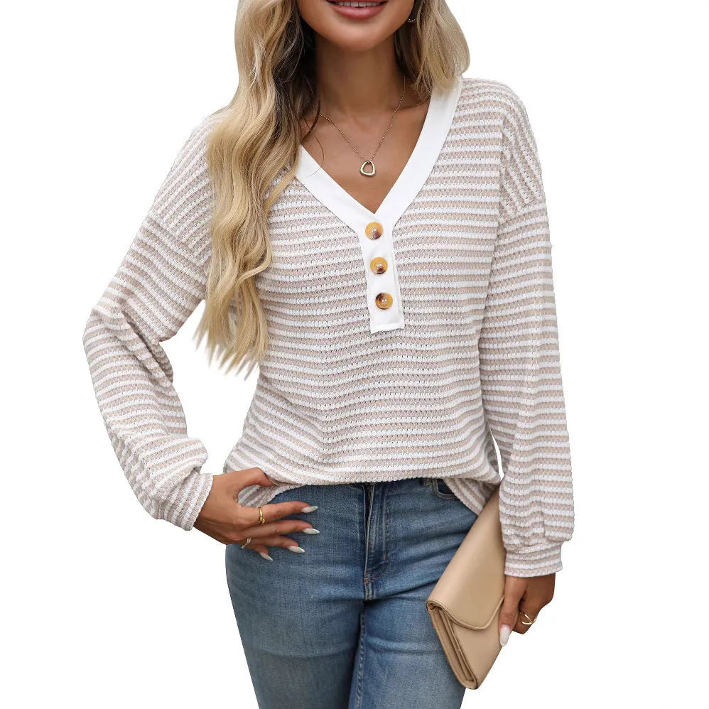 Women's loose-fit V-neck pullover top with patchwork design in polyester fabric