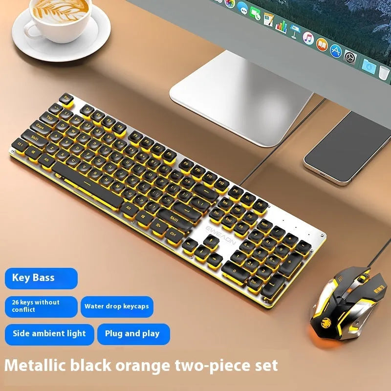Mute mechanical keyboard with LED lighting and matching wired mouse in silver white blue colour combination