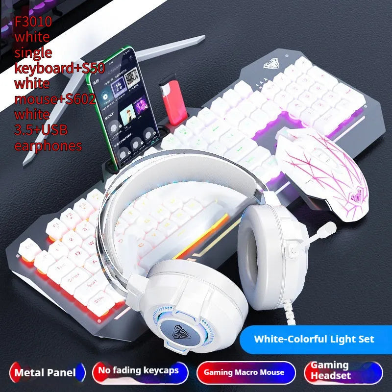 Black and white wired mechanical-feeling keyboard mouse headset bundles with RGB or blue backlighting