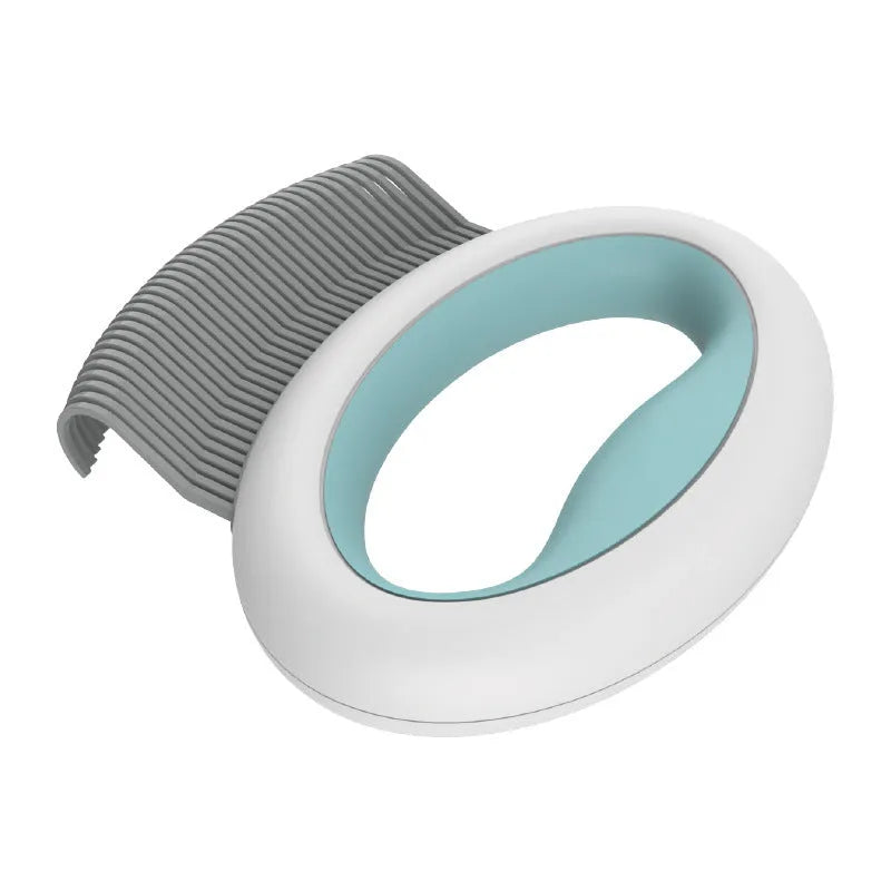 Blue plastic pet grooming comb for deshedding and dematting cat and dog hair on a white background.
