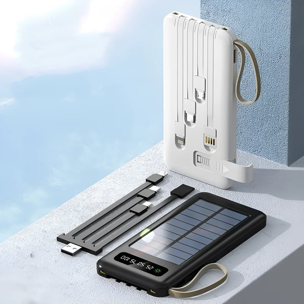 Black and white solar power bank showing front view with dimensions 144mm by 68mm.