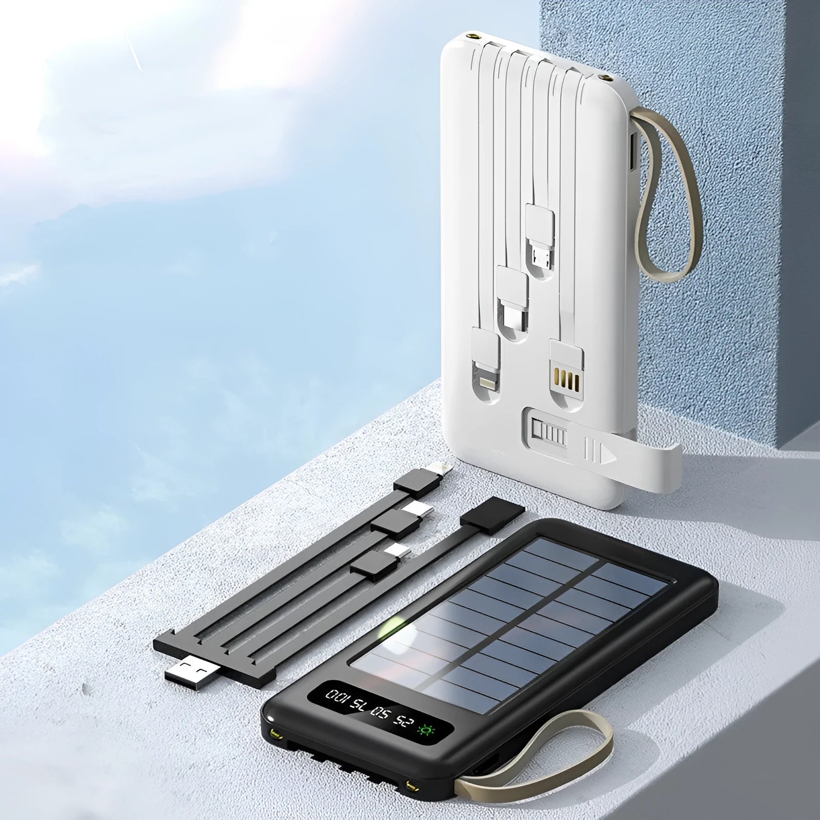 Black and white solar power bank showing front view with dimensions 144mm by 68mm.