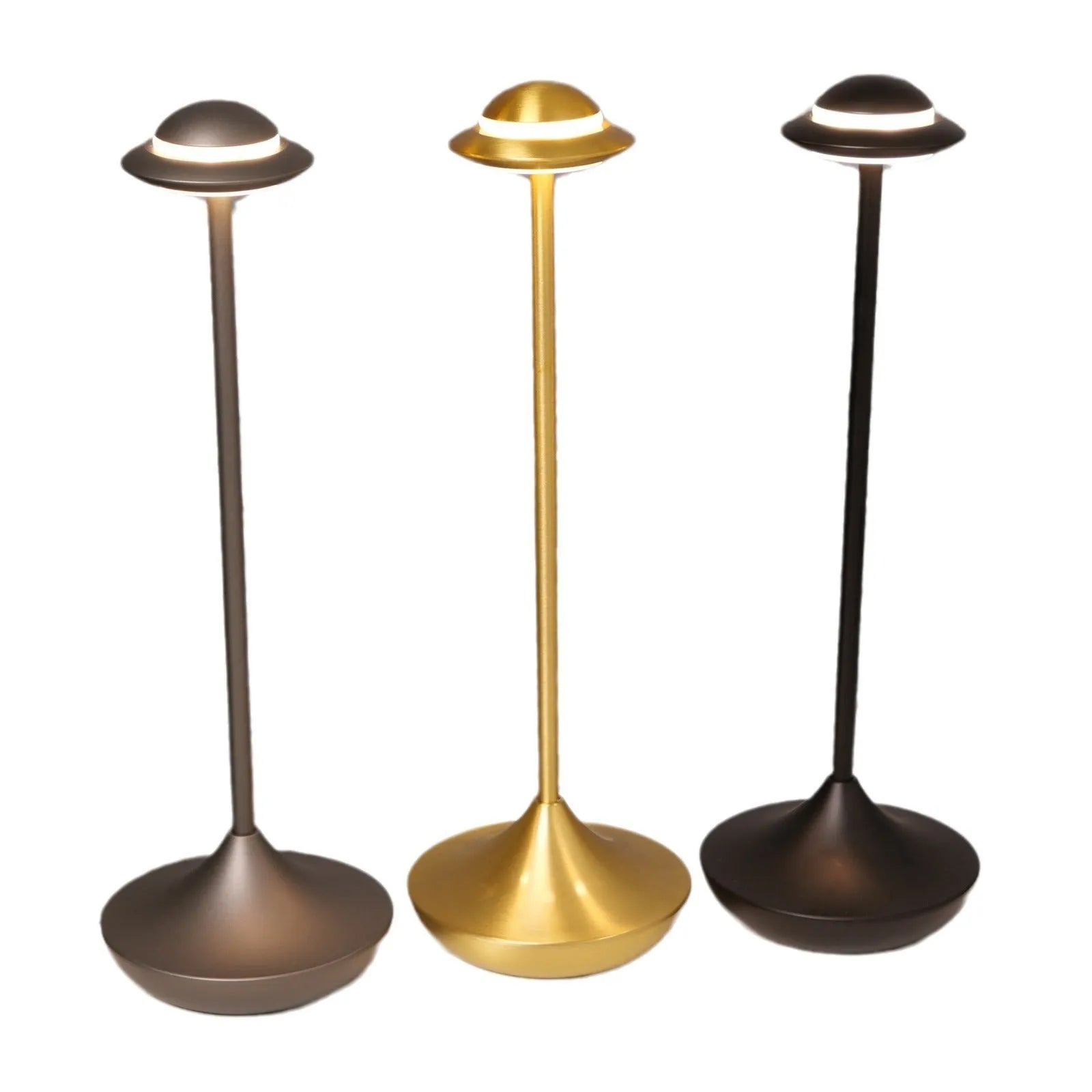 UFO-shaped rechargeable desk lamp with metal base and touch dimming in black, gold or grey