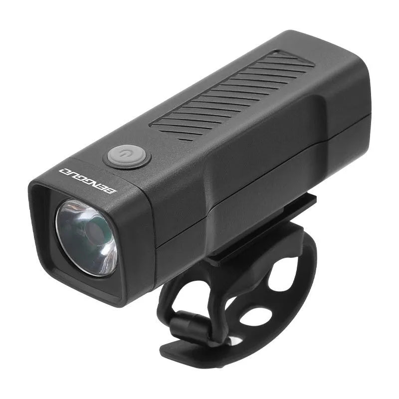 Black USB rechargeable bicycle headlight with quick-release strap mount on handlebars
