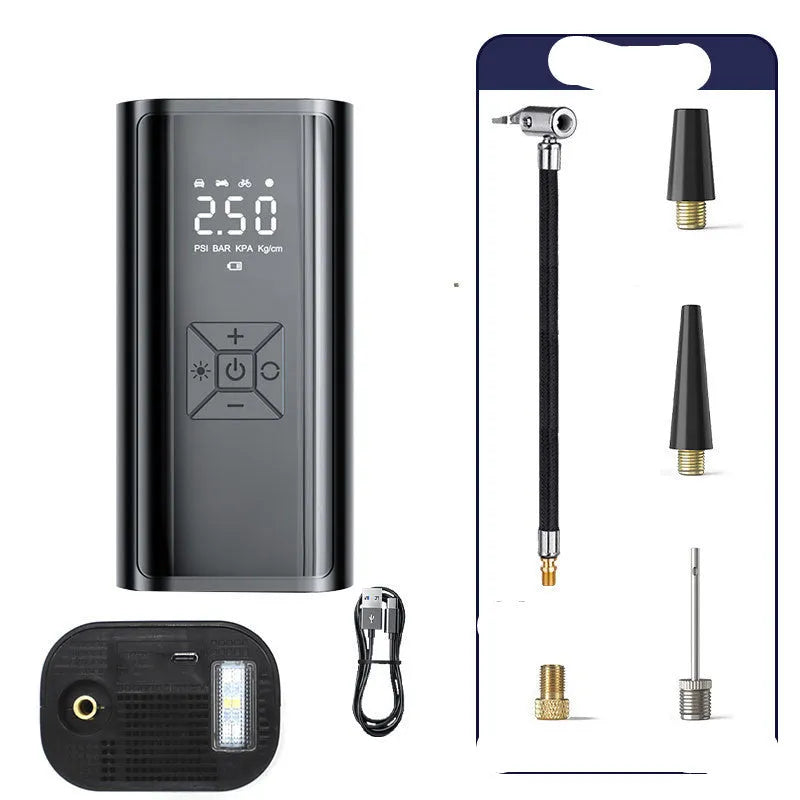 Portable wireless digital display car tyre pump with ABS casing, digital screen, and inflatable hose.