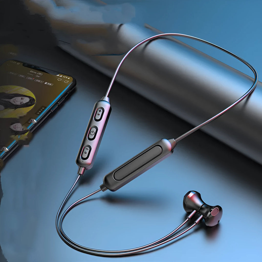 Black neck-mounted wireless sports earphones with bilateral stereo design and Bluetooth 5.0 connectivity