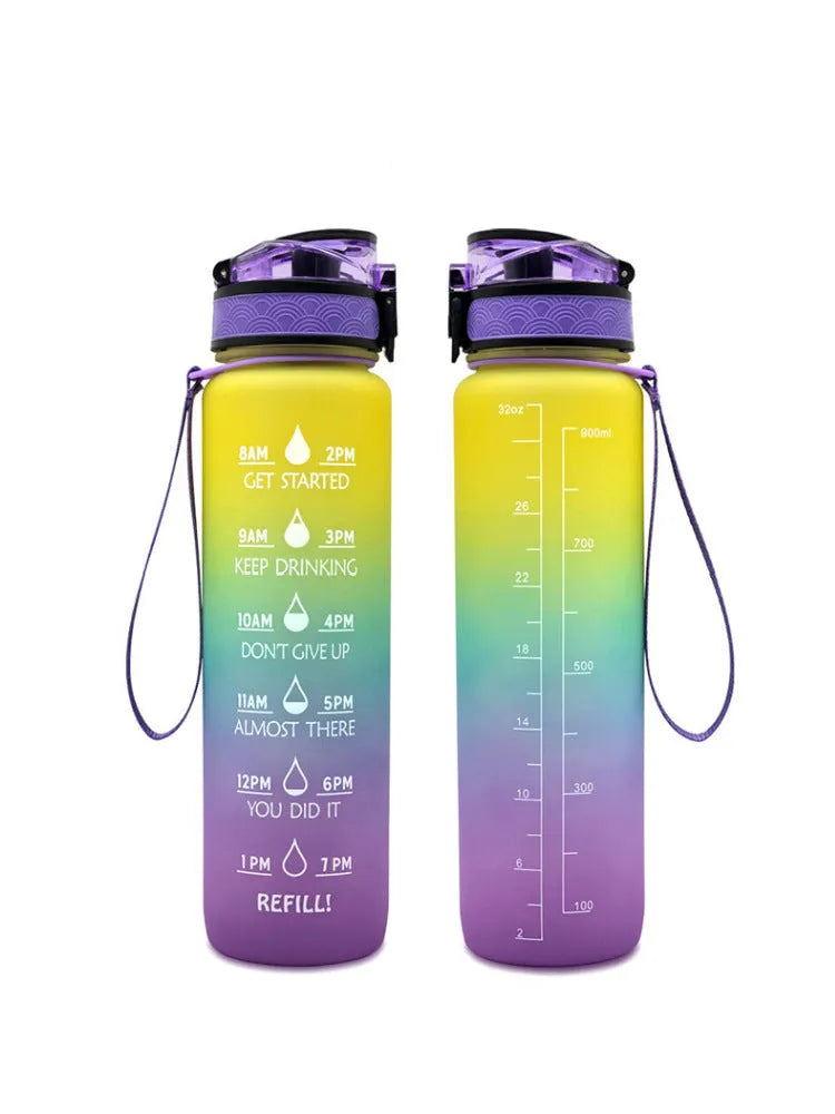Transparent BPA-free Tritan sports water bottle 1000ml with infuser, clear design, kawaii style, 29.5cm height