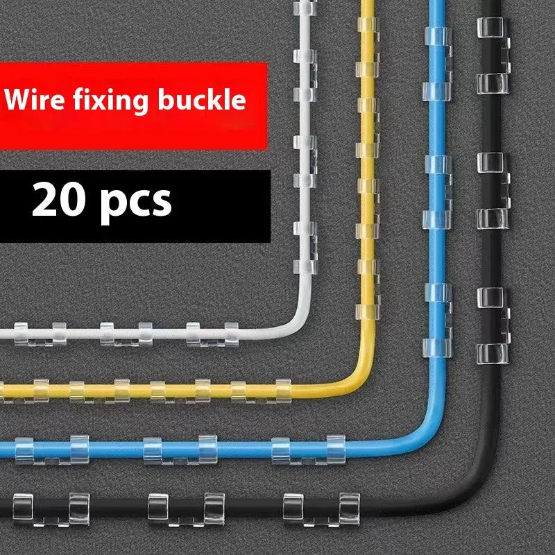 Transparent self-adhesive plastic cable clips for wire management in four different sizes.