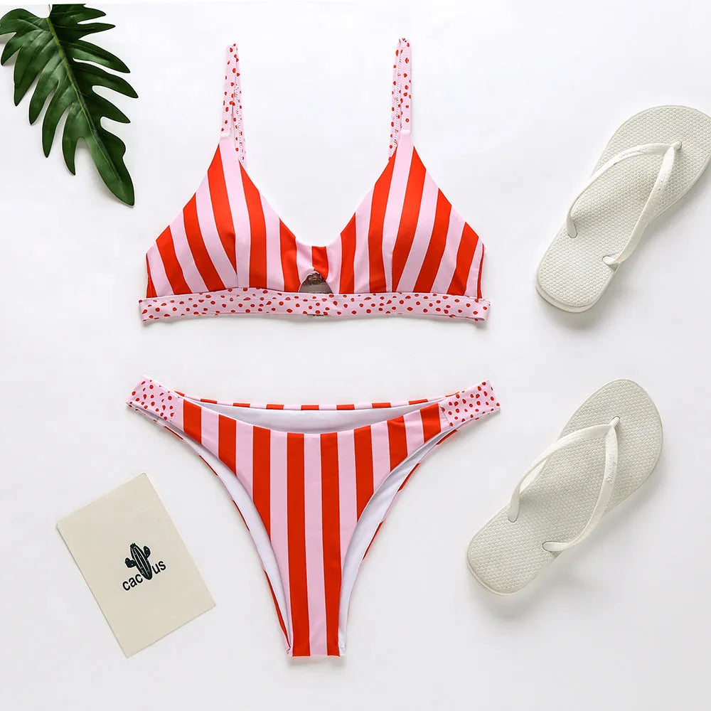 Women's polyester bikini set in polka dots or stripes pattern for swimming