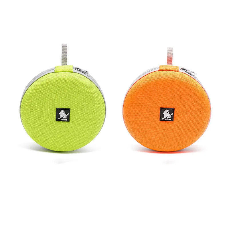 Pet Out kettle dog food bowl set in green, opened to show two separate water and food compartments, 15cm outer diameter