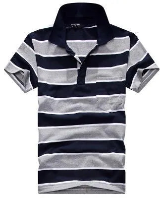 Men's striped short sleeved T-shirt with real pocket in loose fit, front view