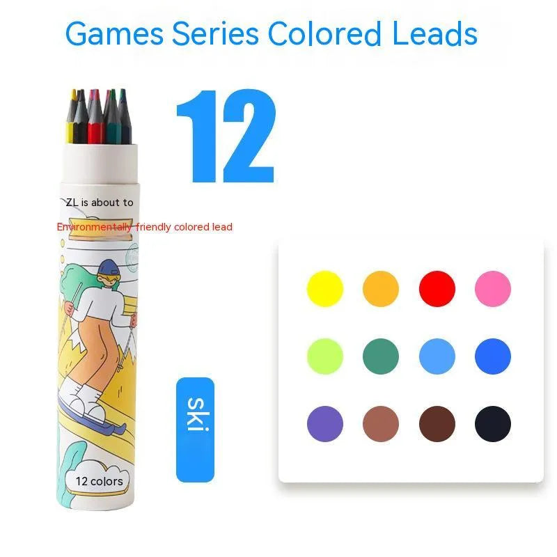 Zhenglin Sports Series colouring pencils in a set showing paper barrels and multiple coloured leads.