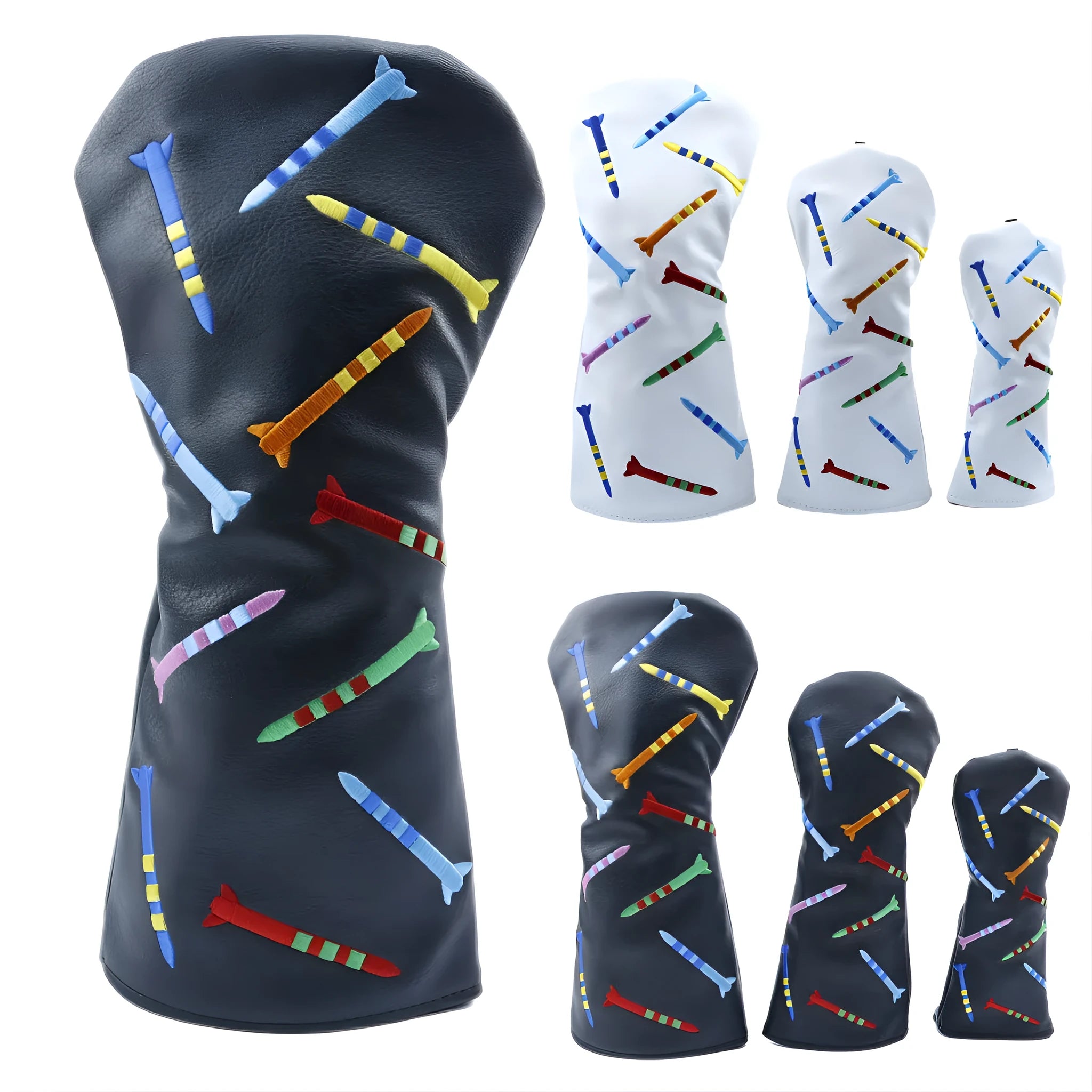 Black and white wooden putting pole sets for golf practice in three sizes.
