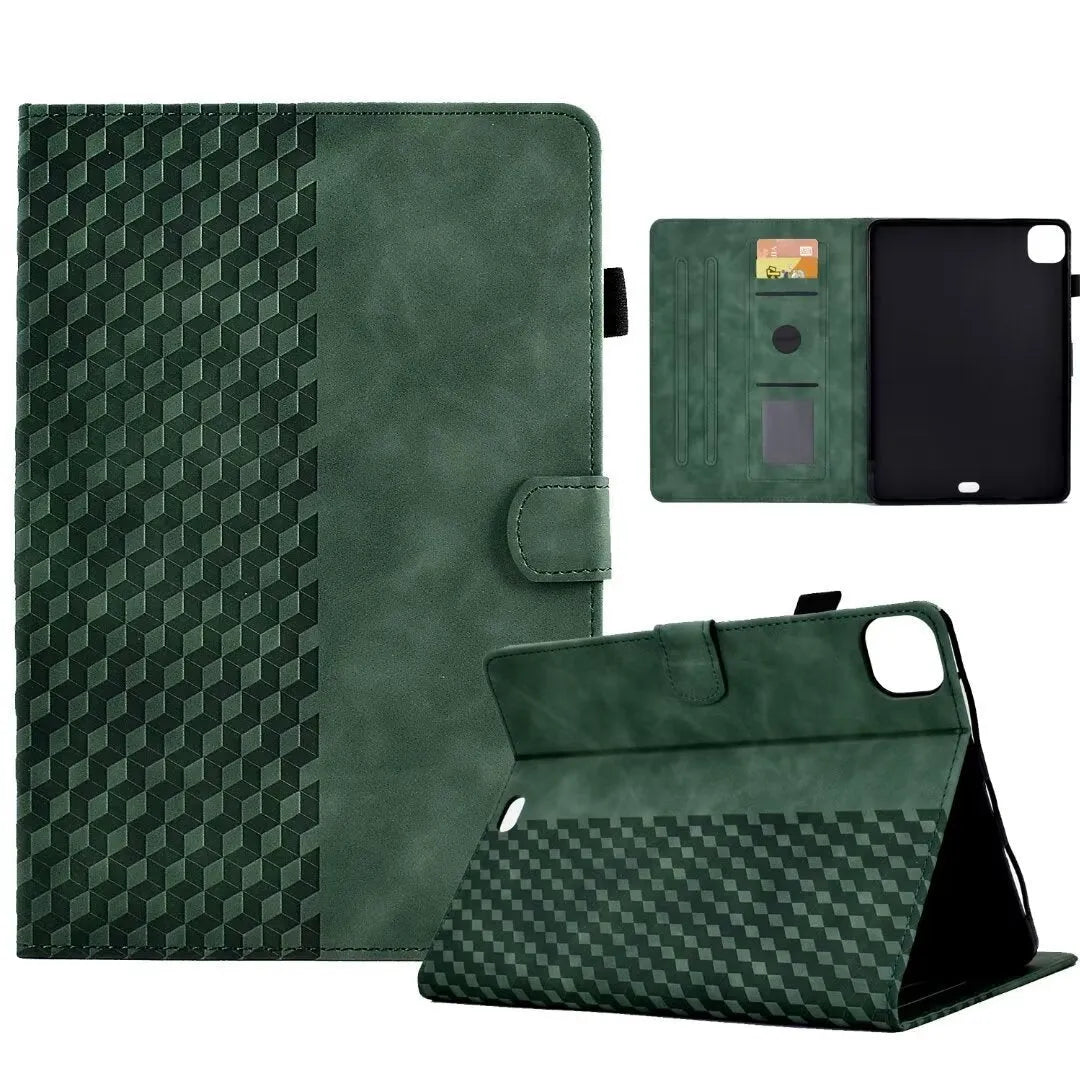 iPad Pro 11 leather case with card holder in diamond embossed green pattern, showing stand function.