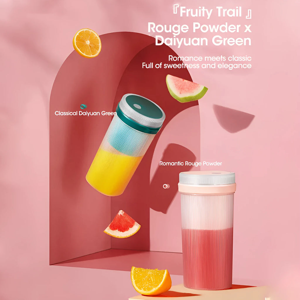 Portable electric blender cup in blue, green, or pink with USB charging cable.