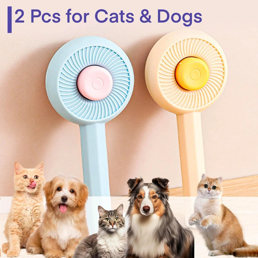 Blue pet grooming brush with self-cleaning button and angled wire needles for cats and dogs