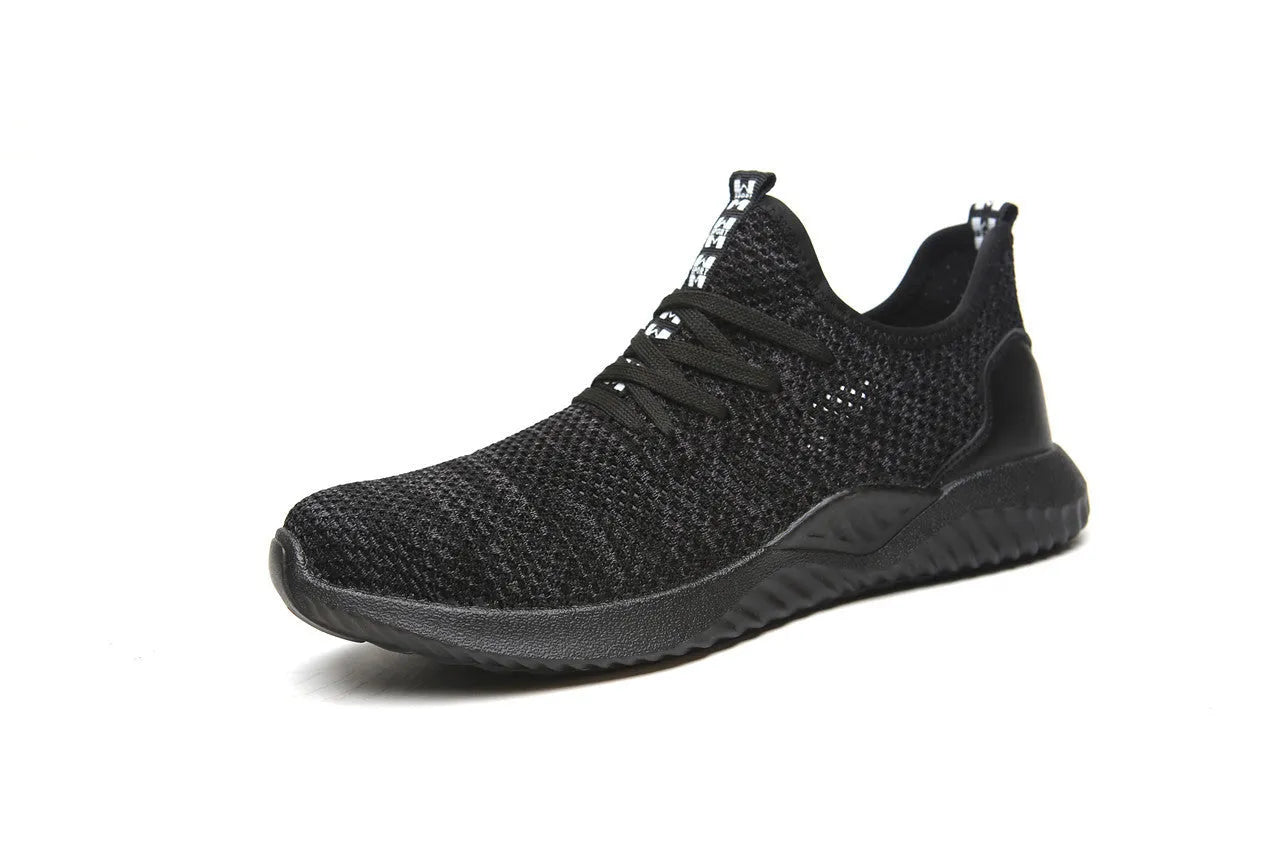 Steel toe cap safety work shoes in black with shock-damage protection features
