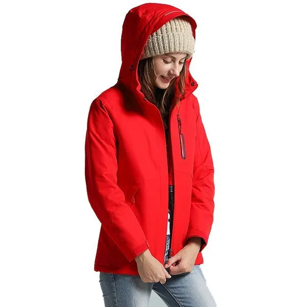 Men and women winter thick USB heating cotton jacket in khaki with black trim, waterproof windbreaker for outdoor hiking