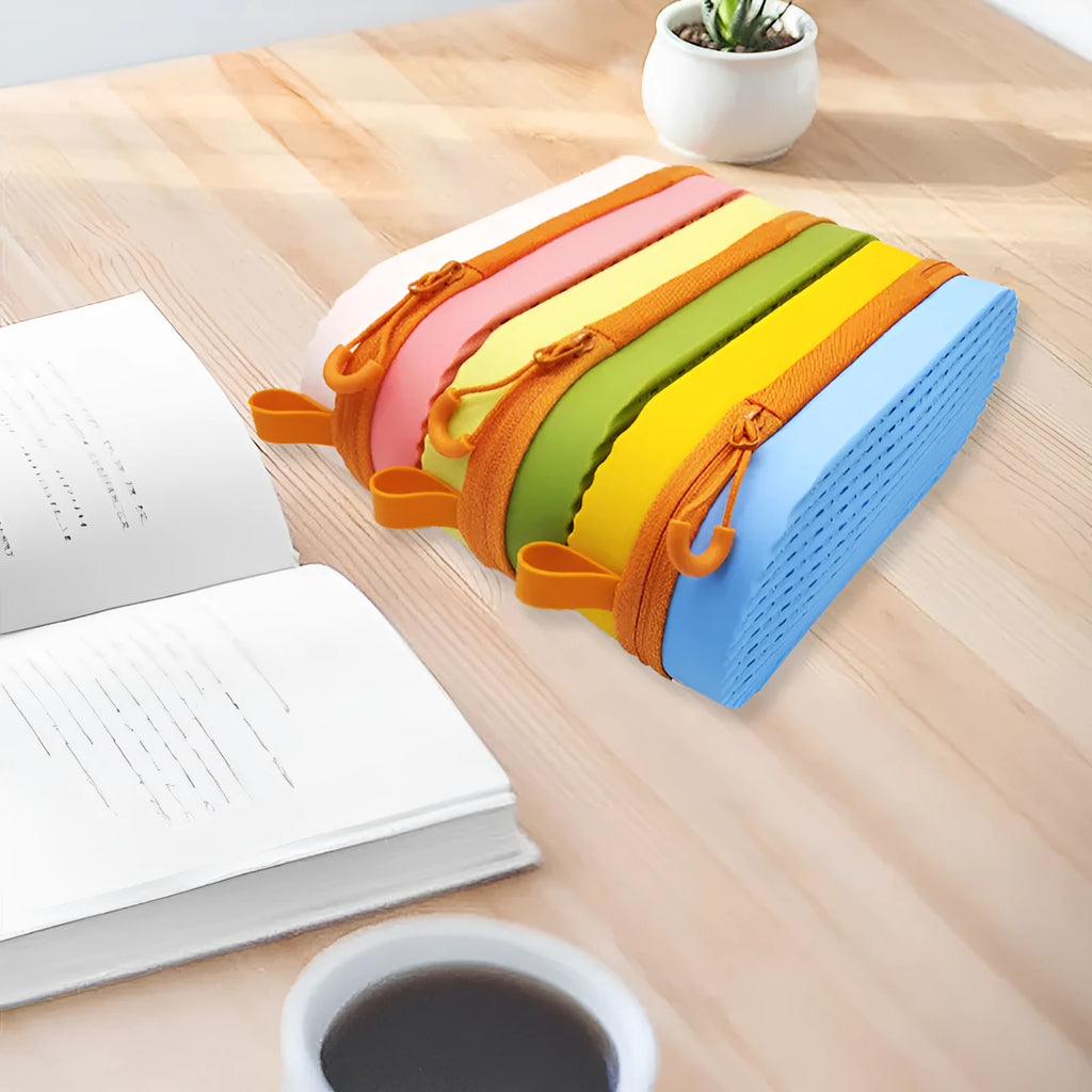 Silicone glasses case with a long handle, shown in rose red light purple colour on a plain background.