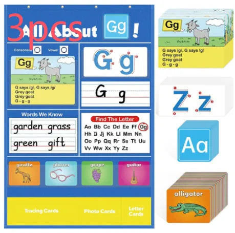 Alphabet learning sleeve table chart with a large set of educational cards for home use.