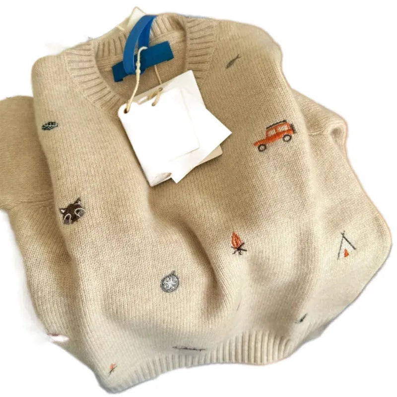 Children's Vinylon sweater with cartoon embroidery in khaki, long sleeves, pullover style