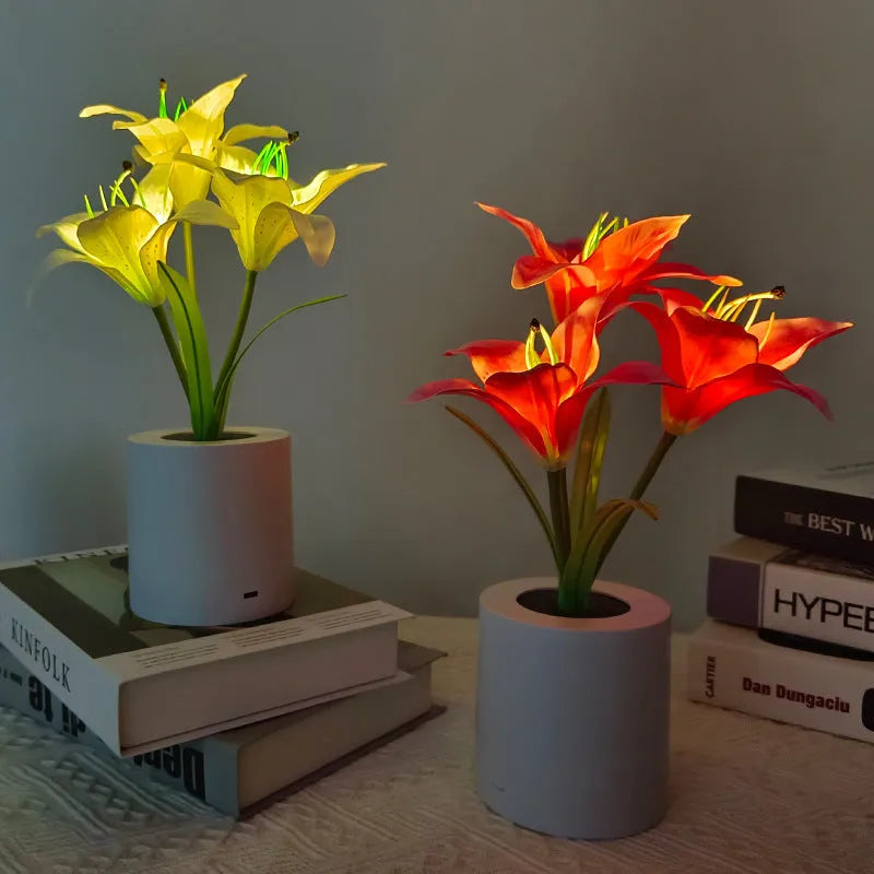Rechargeable LED Lily Flower Pot Lamp Small Night Ambience Light in Lily White or Pink with 300W Power Output Decorative Table Lamp