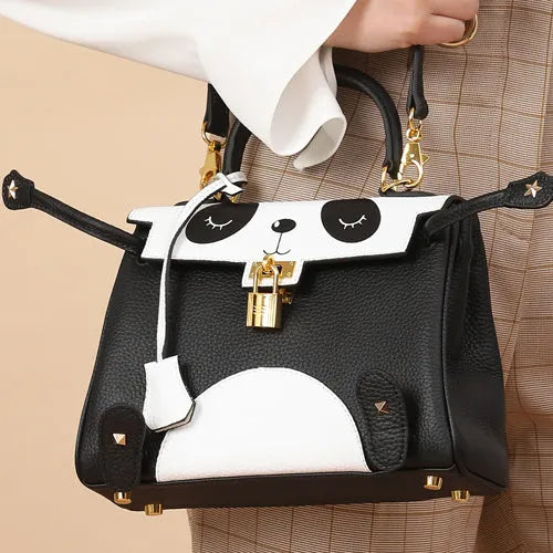 Panda print cow leather handbag in horizontal square shape
