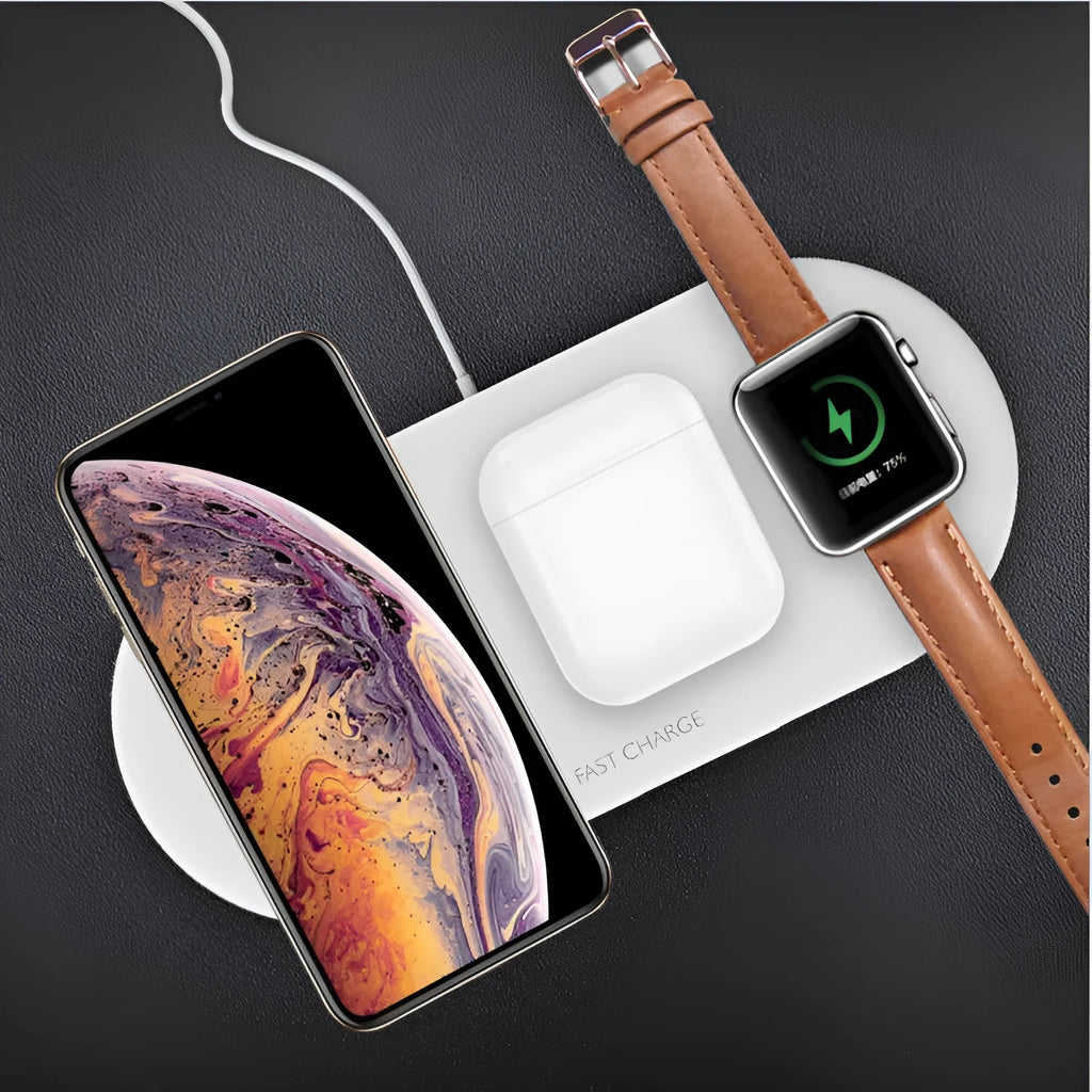 Black three-in-one wireless charging station for iPhone, Apple Watch, and headphones on a desk