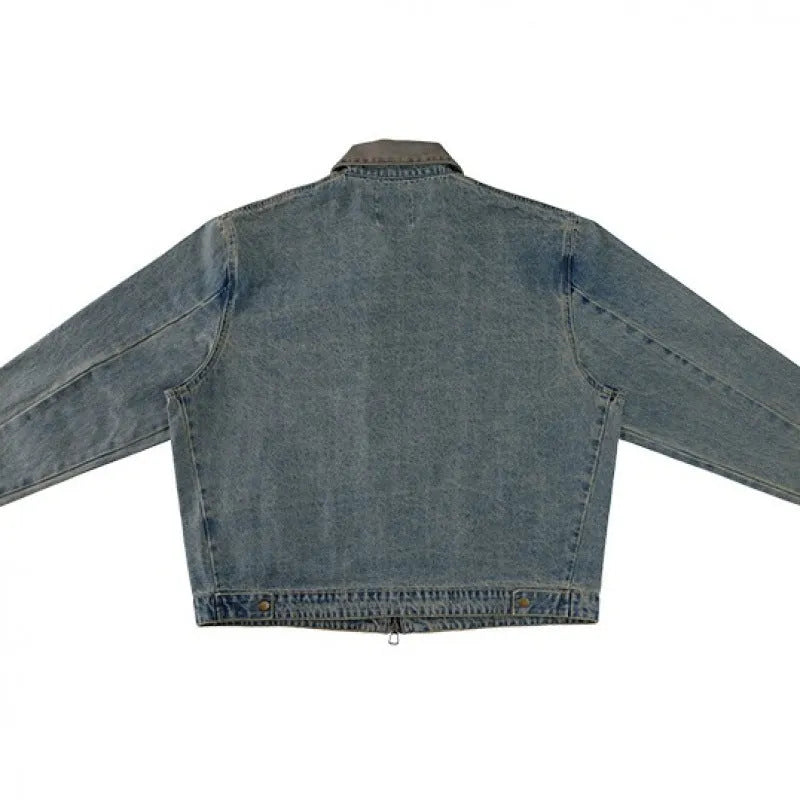 American retro Detroit men's blue cotton blend jacket, no pockets, regular fit, front view