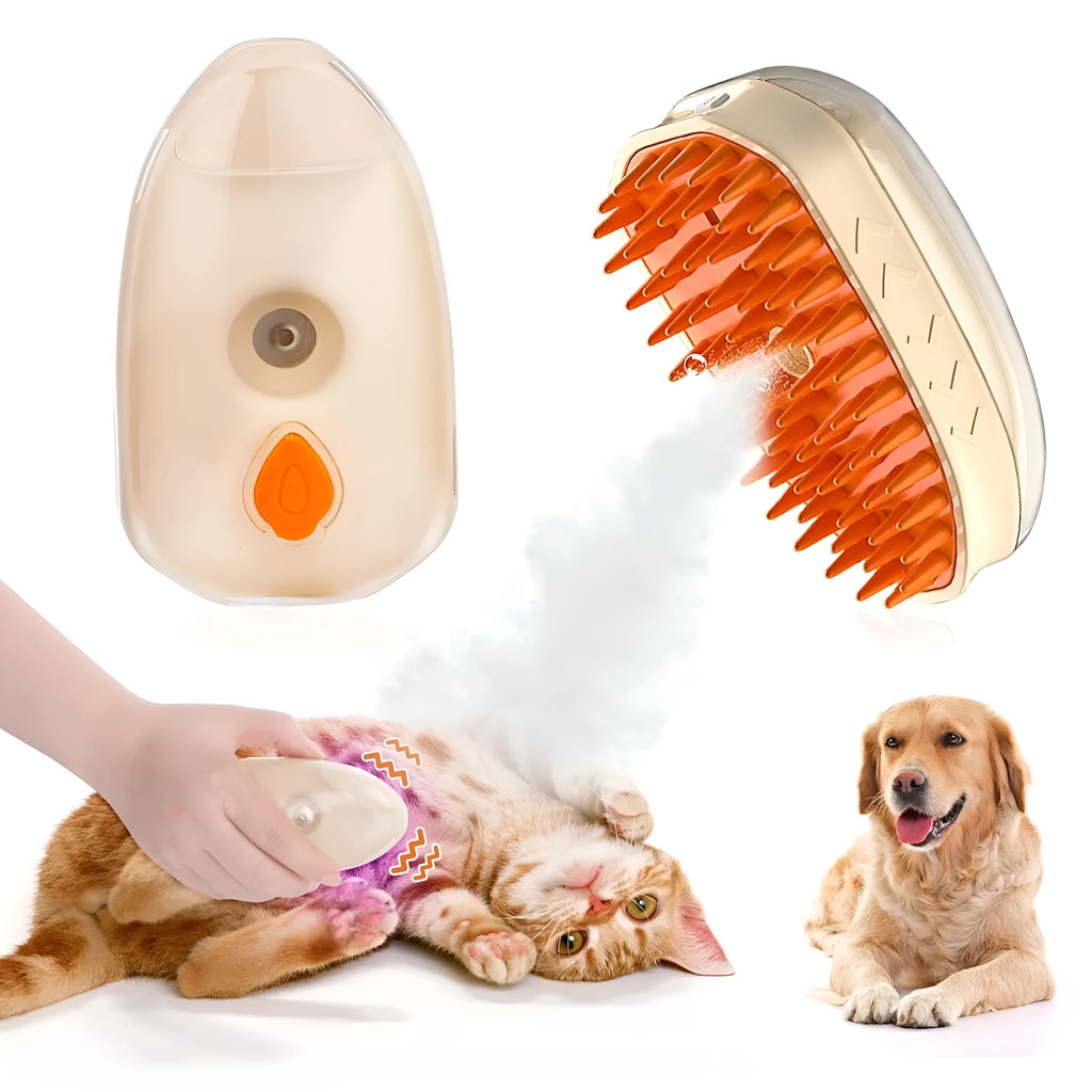 Yellow 4-in-1 cat steam brush with silicone teeth, water tank, and UV ringworm detector lamp