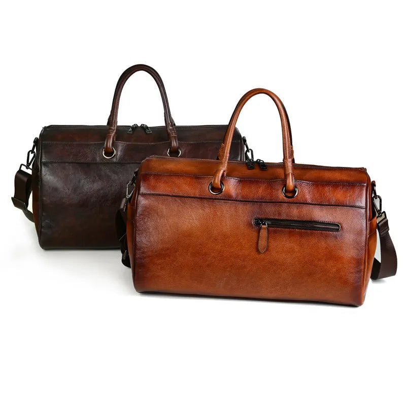 Handmade retro style brown leather shoulder bag with large capacity.