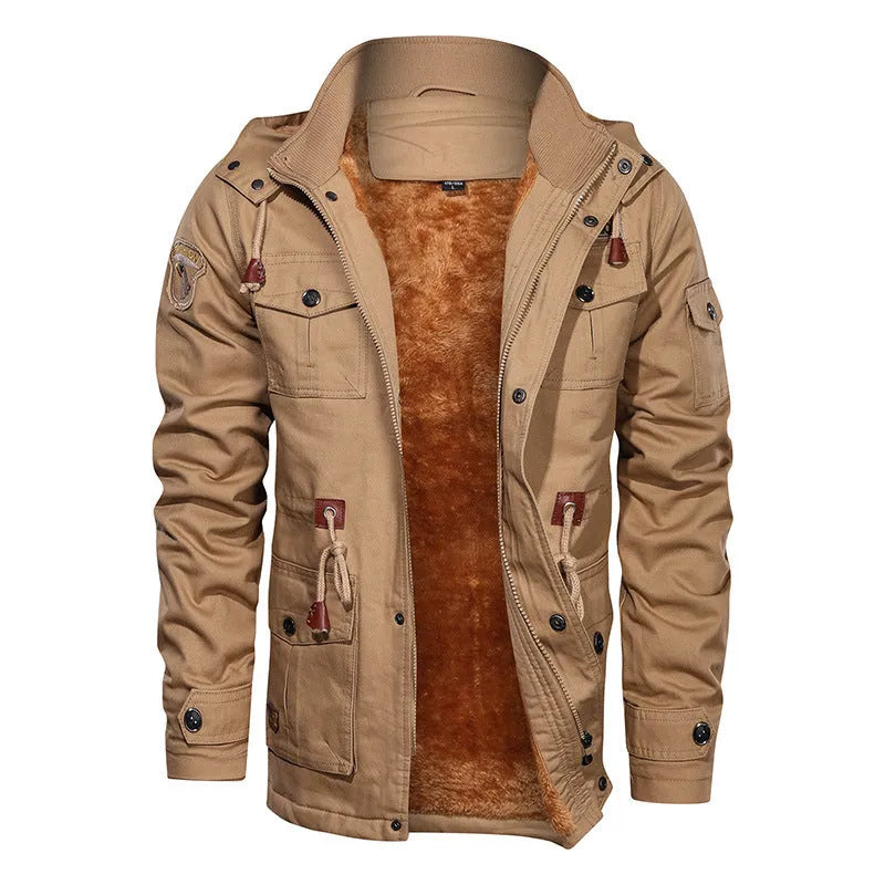 Mountainskin men's winter fleece jacket in army green with hood and full front zipper