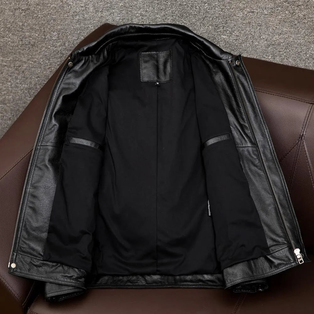 Plus size men's lapel short leather jacket in black or brown with side seam pockets