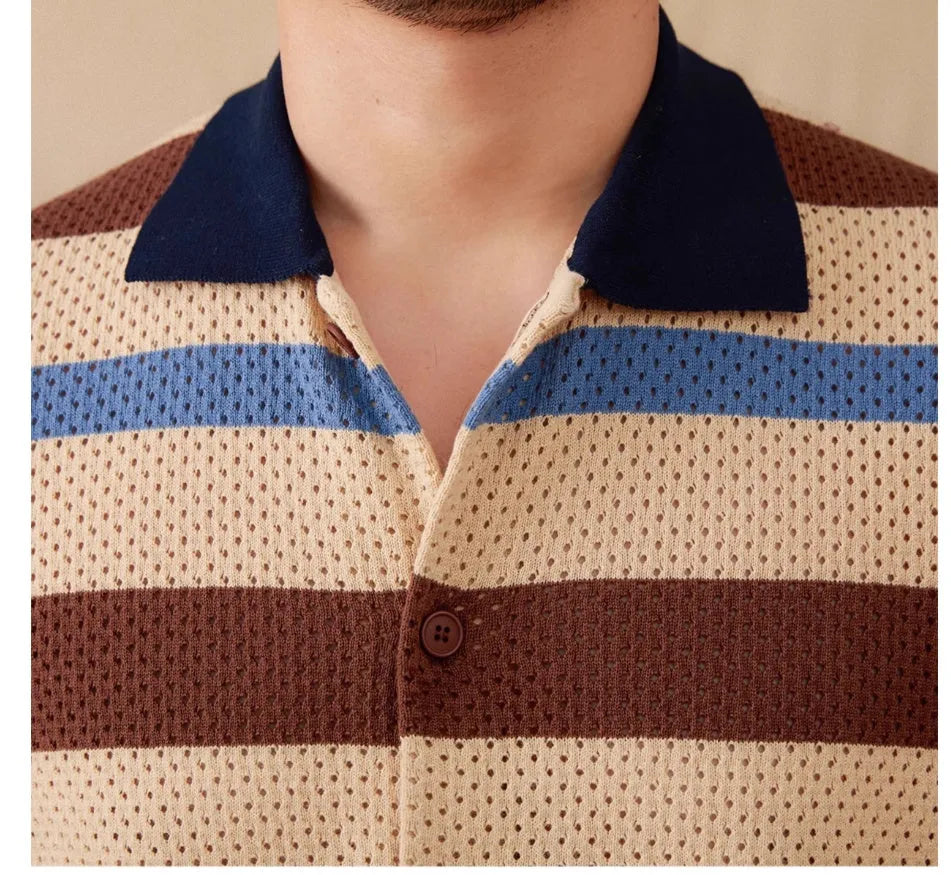 Retro casual hollow lapel short sleeve striped cotton top in White, front view