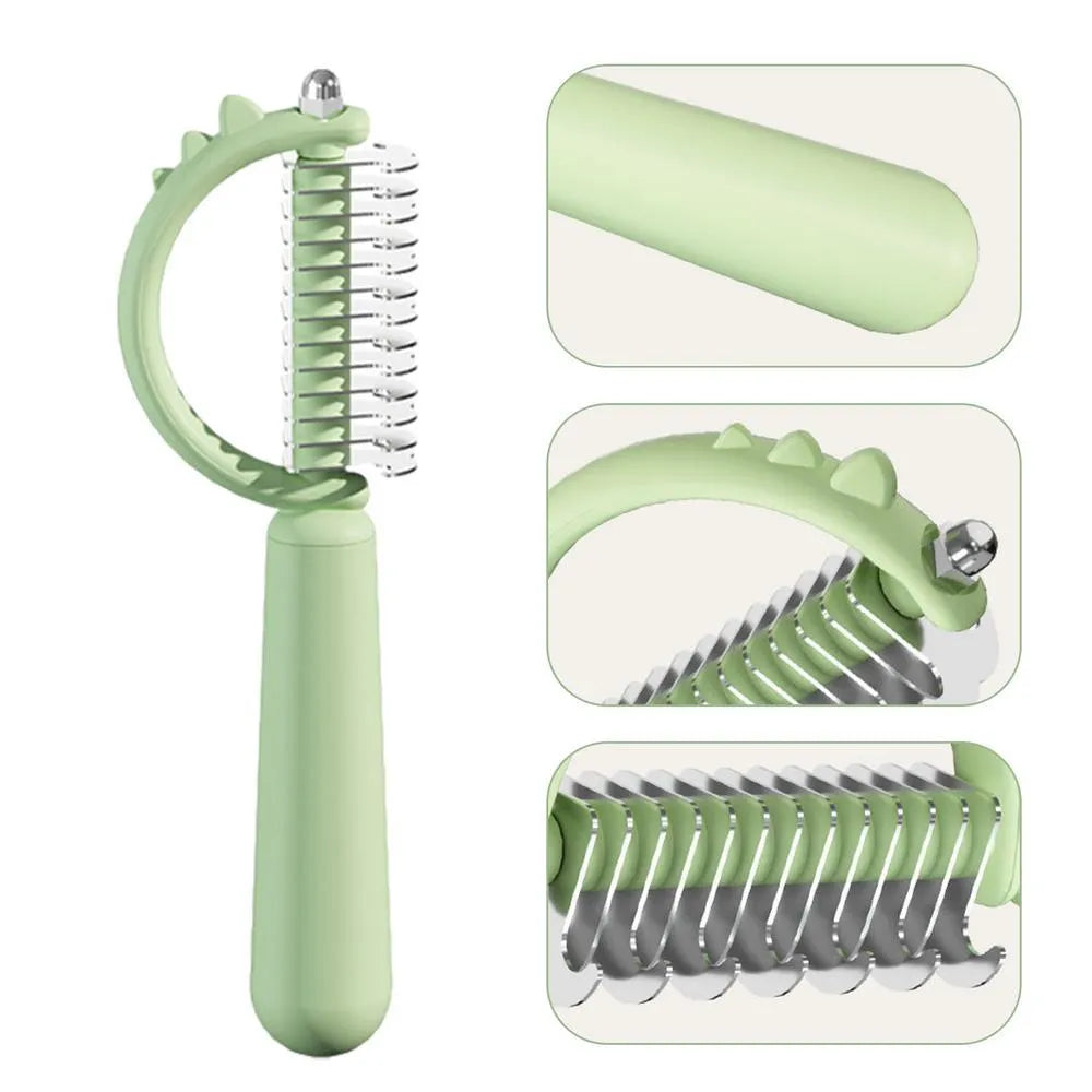 Blue dinosaur-shaped cat brush with double-sided head and self-cleaning button