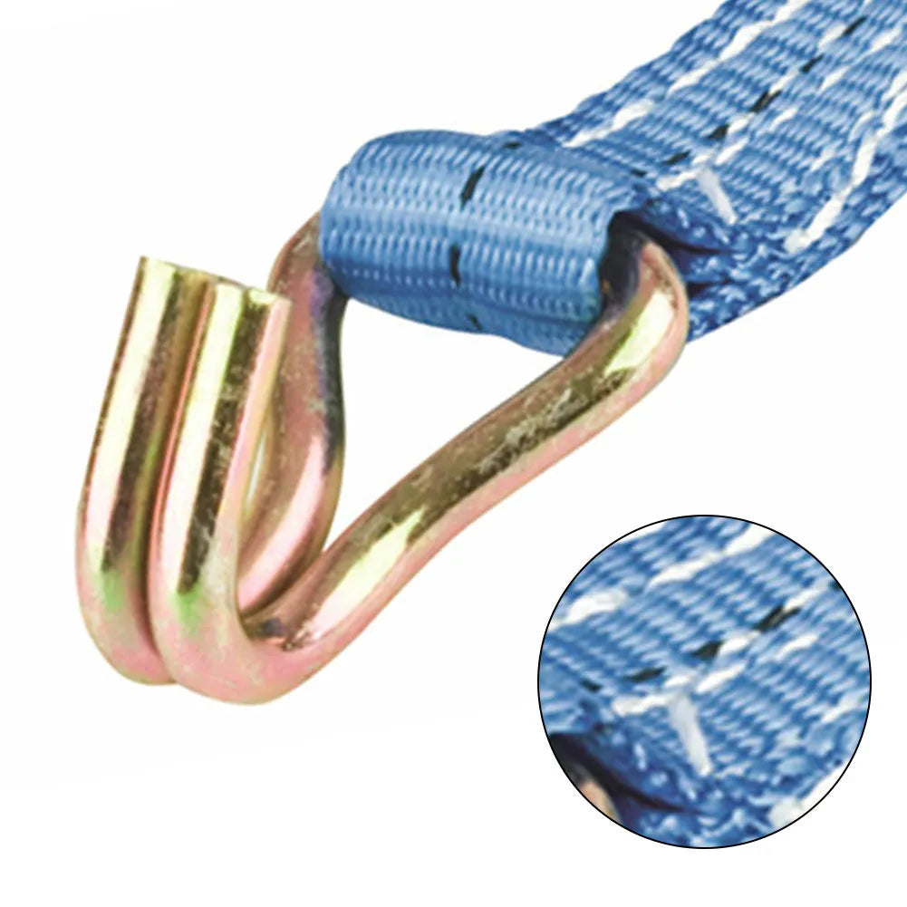 Steel ratchet tensioner strap with double triangle hooks and polyester webbing for cargo binding