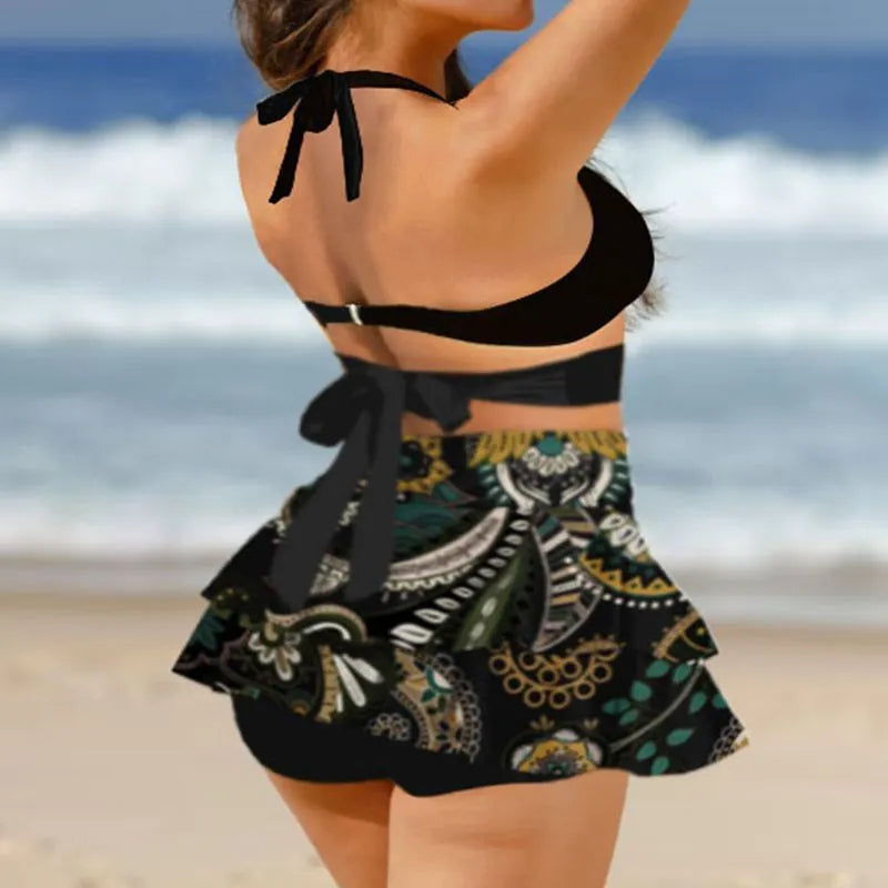 Purple women's high-waist bikini swimsuit with split skirt and lace-up detail