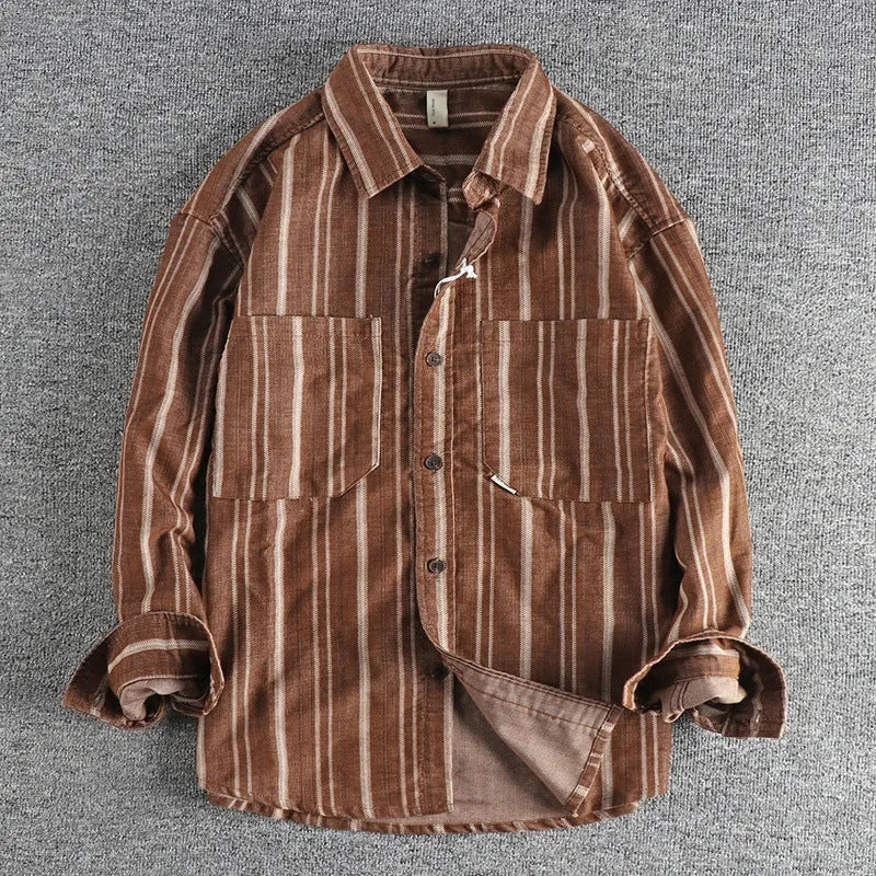 Men's vintage striped overshirt in loose fit, shown in apricot colour with Japanese retro styling.