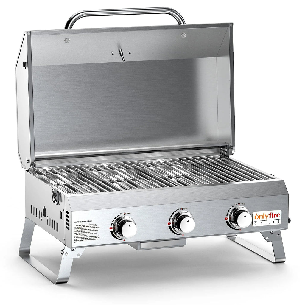 Silver portable desktop gas barbecue grill with three burners and foldable legs.