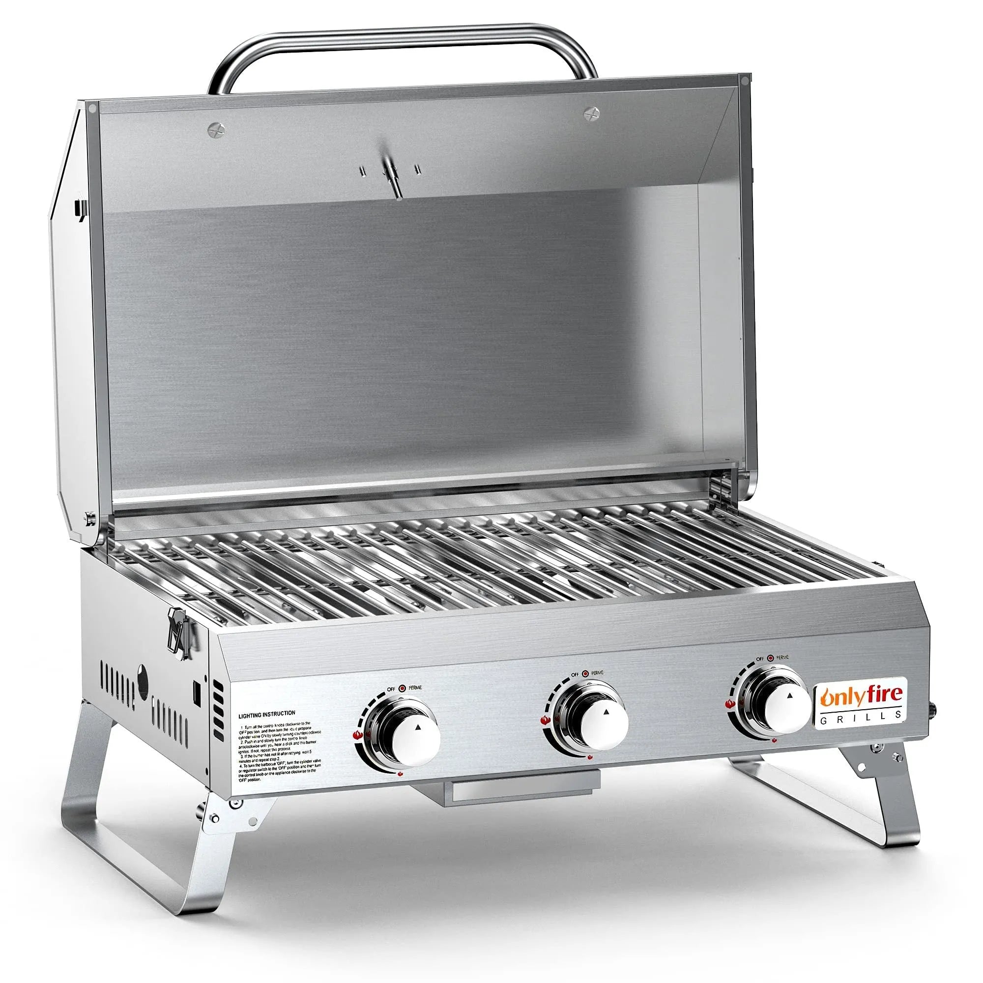 Silver portable desktop gas barbecue grill with three burners and foldable legs.
