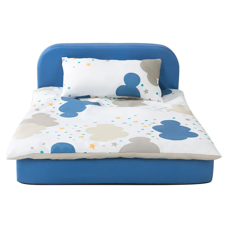 Sponge pet bed with blue starry sky pattern, washable twill peach skin cover, and anti-slip Oxford fabric bottom