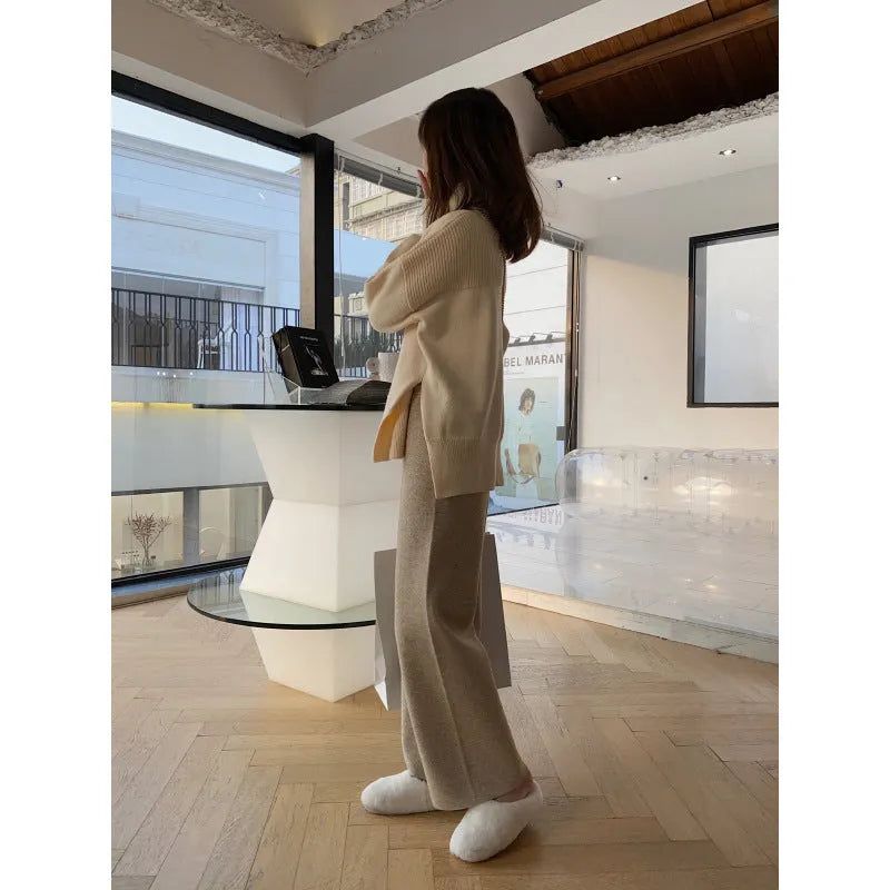 Women's thick knitted wide-leg trousers in cream white, linen colour, milk brown, or black
