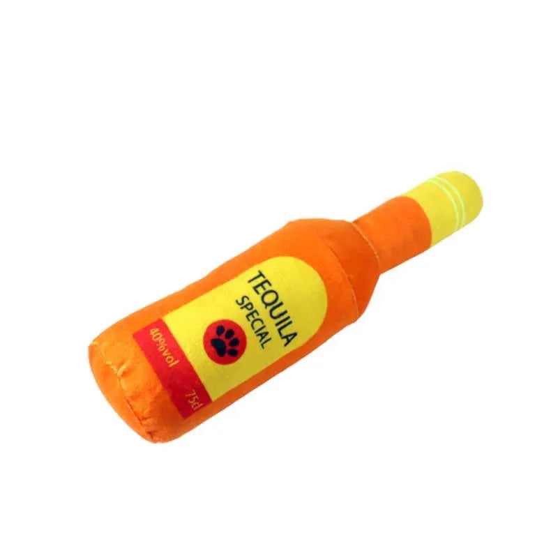 Green plush pet toy shaped like a wine bottle for dogs or cats to play with.